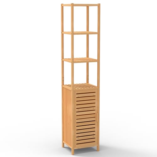 WRONWA 67" Tall Bathroom Cabinet，Linen Tower Cabinet with Single Door and 3 Tier Shelves，Bamboo Freestanding Cabinets Storage Organizer for Living Room, Bedroom, Kitchen