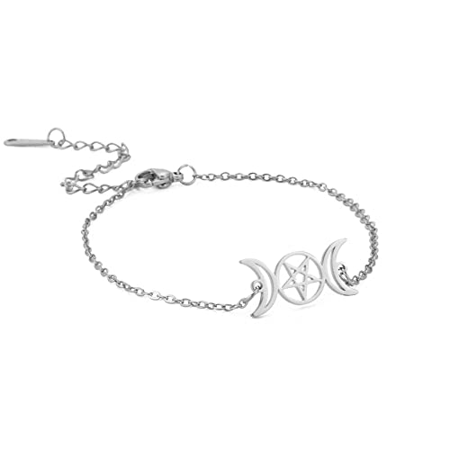 EUEAVAN Potrójny księżyc bogini pentagram gwiazda bransoletka amulet pentagram religia bransoletka ze stali nierdzewnej biżuteria symbol czarów prezenty dla kobiet dziewczyn, One Size, Srebro