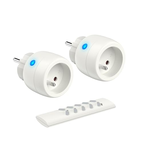 UCOMEN Prise Télécommande sans Fil, Prise Programmable 2300W Portée 30m, 2 Prises et 1 Télécommande avec All on/Off, Type E (FR)