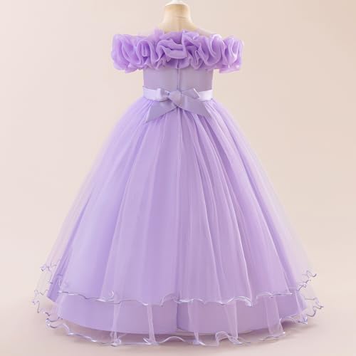 OBEEII Girls Pageant Dress Floral Cold Shoulder Wedding Junior Flower Girl Bridesmaid Tulle Dress Formal Princess Prom Tiered Birthday Party Ball Gown Communion Dance Gown Light Purple 11 Years4