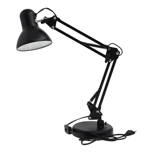 Jandei - Lámpara de escritorio, Negra con brazo Regulable y Cabezal Orientable, diseño Industrial, base estable con Interruptor y Cable de 145 cm, compatible con bombilla E27