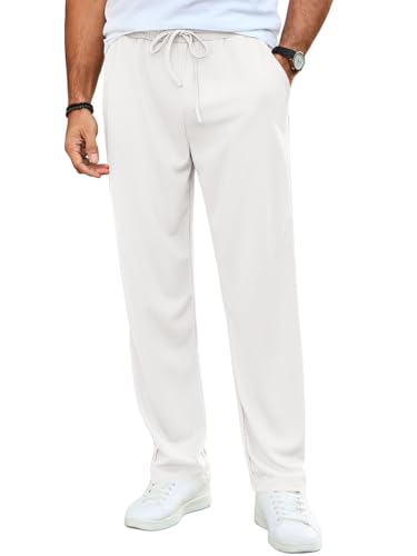 Runcati Mens Casual Linen Pants Drawstring Elastic Waist Ribbed Sweatpants Straight Leg Loose Fit Trousers