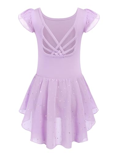 Image of Arshiner Girls Shiny Ruffle Sleeve Ballet Leotard with Skirt Criss-Cross Back Dance Dresses