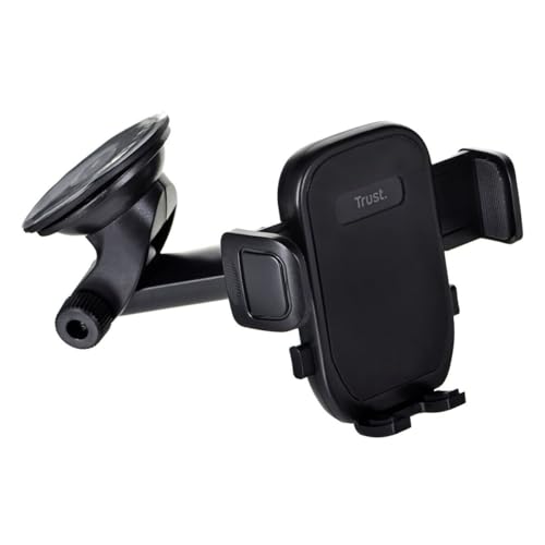Trust Runo Support de Téléphone, Monture pour Le Pare-Brise, Support Sécurisé, Bouton de Déblocage Rapide, Pince Arrière Revêtue de Caoutchouc, iPhone, Samsung et Autres 55-100 mm - Noir