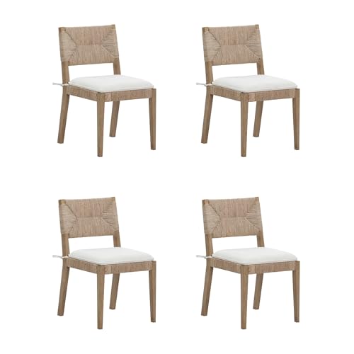 Image of Beacon Boho Dining Chair Set of 4, Boucle Dining Chair with Seagrass Accent and Solid Wood Legs, Cream Boucle /Light Brown