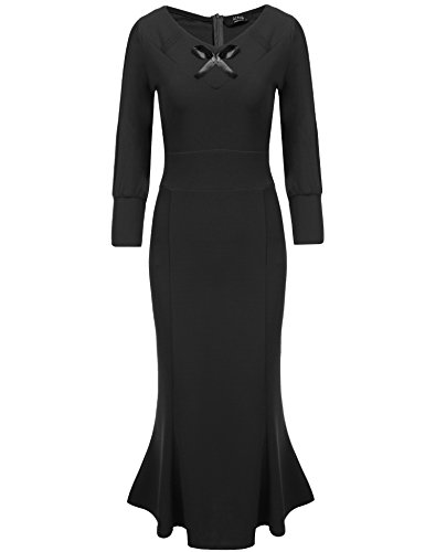 ACEVOG Women's V Neck 3/4 Sleeve Retro Swing Fishtail Cocktail Pencil Dress,Black,M