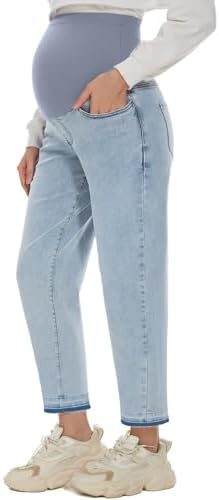 POSHGLAM Women's Maternity Boyfriend Jeans Over Belly Stretch Denim Pants Loose Casual Raw Hem Jeans with Pockets for Everyday Wear(Ombre Hem Light Blue 26'', Small)