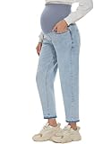 POSHGLAM Women's Maternity Jeans Over Belly Comfy Stretch Boyfriend Jeans Raw Hem Pants(Ombre Hem Light Blue 26'', Medium)