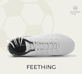 FEETHING Women Soccer Cleats Firm Ground Lace-Up Youth Soccer Shoes Light-Weight Outdoor Training Football Sneakers Big Kid,White,7
