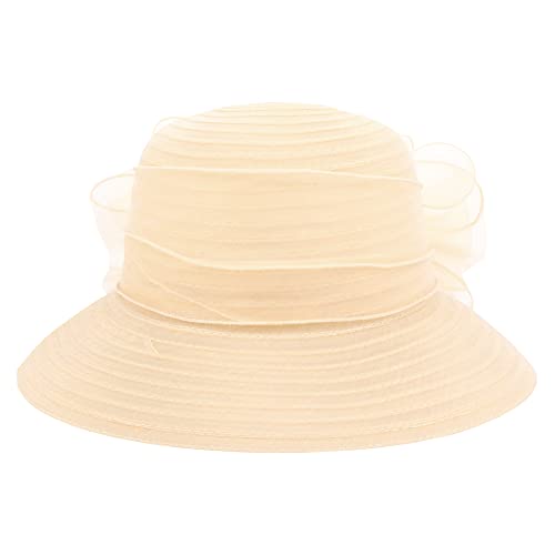 Haoohu Women's Church Derby Hat Wide Brim Bow Bucket Hat Wedding Dress Hat Fascinator Bridal Tea Party Hat Beige #TOP2