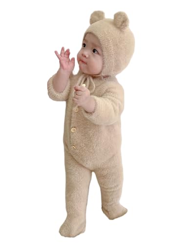 Newborn Infant Baby Girls Boys Jumpsuit Fleece Rompers Long Sleeve Footie Jumpsuit Hat Outwear Winter Warm