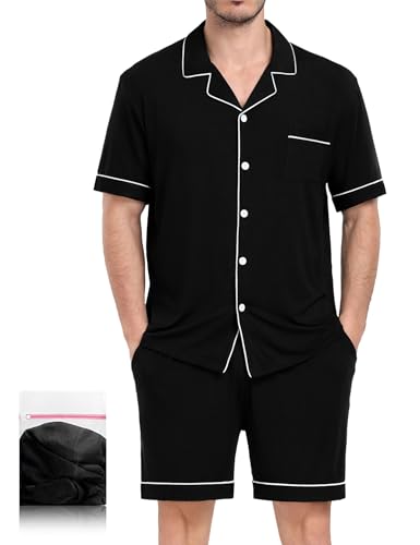 Image of Mens 2 Piece Short Sleeve Button Down Pajama Set, S-3XL | Soft Modal Fabric, Cool Lightweight Sleepwear & Loungewear with Pockets, Home Relaxing