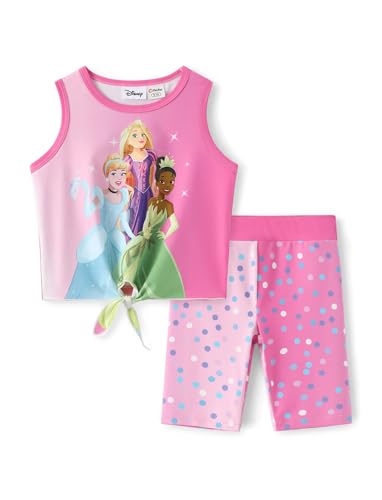 Disney Girls Short Set Toddler Stitch Elsa Ariel Moana Princess Knot Front Tank Top Tie Dye Shorts Summer Outfits, Princess-pink, 4-5 Years