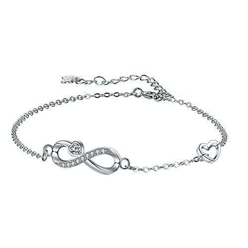 Arrebol Pulsera Infinito para Mujer Plata de Ley 925 con Corazón Circonita Pulsera Amor Infinito Ajustable (16 + 4cm) Regalo para Mujeres