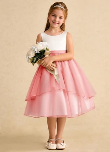 Bicolor Girls Crewneck Flower Girl Dress with Bow Knot Satin Tulle Birthday Holiday Party Dress3