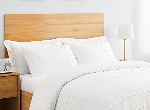 Image of Boho Shabby Chic Bohemian Ivory Textured Tufted Duvet Comforter Cover and Sham 3 pc. Full Queen Size Bed Bedding Set Bedroom Aesthetic Neutral Modern Polka Dot PomPom Beige Urban Tufted Off White