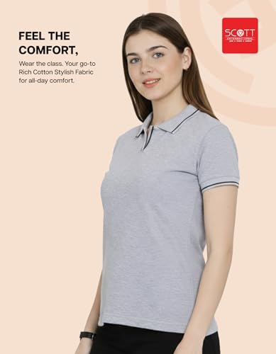 Image of Scott International Women's Cotton Polo T-Shirt | Half Sleeve Plain Collar Tee | Stylish Casual Top | Plain T-Shirt for Girls | Workwear for Office & Casual Wear
