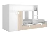 Letto a castello con armadio e vani portaoggetti integrati - 2 x 90 x 190 cm - Dimensioni: L275 x P108 x H150 cm - Truciolato. Colore: Bianco e Naturale - JUANITO - Brioso e ingegnoso, il letto JUANITO soddisferà ogni esigenza!