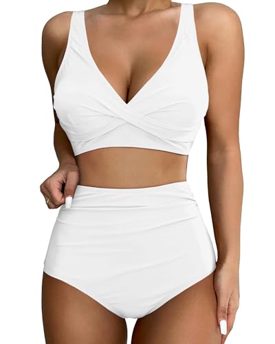 GRAPENT High Waisted Bikini Sets for Women Twist Front Tie Back 2 Piece Bathing Suit V Neck Ruched Swimsuits Bikinis
