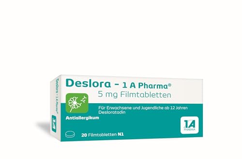 Deslora – 1 A Pharma 5 mg Filmtabletten | 20 Stk | Antiallergikum Desloratadin bei Heuschnupfen, Hausstaubmilben-Allergie und Nesselsucht (Urtikaria) | schnell und stark
