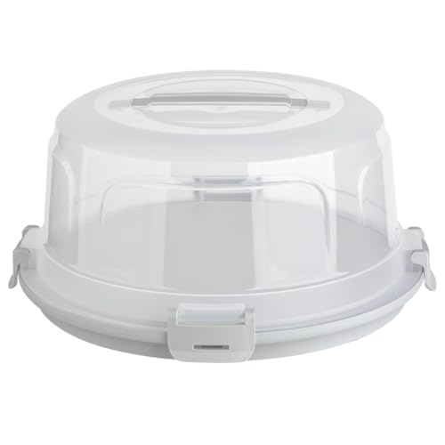 Engelland Runde Kuchen-Transportbox mit Griff, Deckel und 4-fach Klick-Verschluss, Farbe: Hellgrau-Transparent, Ø 36,50 cm x H 17,50 cm, BPA-frei, Torten-haube, Stückeinteilungshilfe
