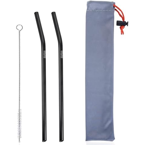 Explorer Bear 2pc Reusable Black Titanium Straws w/Cleaning Brush & Carrying Bag Cover
