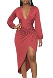 TopGood Women's Sexy Long Sleeve Dress Ruched V Neck Cocktail Party Club Dresses Red