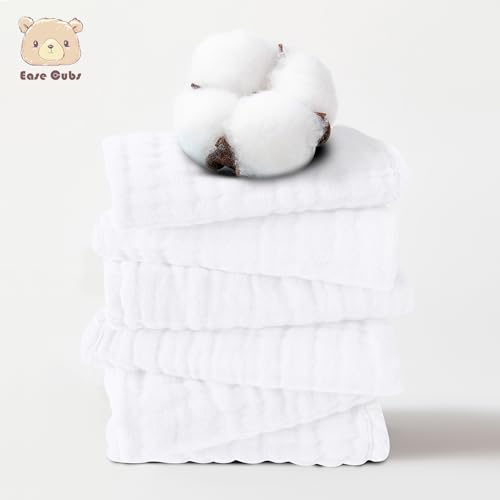 Image of Ease Cubs 12 Pack Muslin Washcloths for Baby - 100% Cotton Baby Wash Cloths for or Baby Face Body Comfy and Soft for Newborn Infants Kids Girls and Boys - 12 inchx12 inch - White