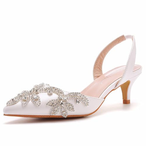Women's Rhinestone Closed Toe Kitten Heels Pumps,Pointed Toe Slip On Low Heels Mule Shoes Fashion Slingback Wedding Party Dress Sandals