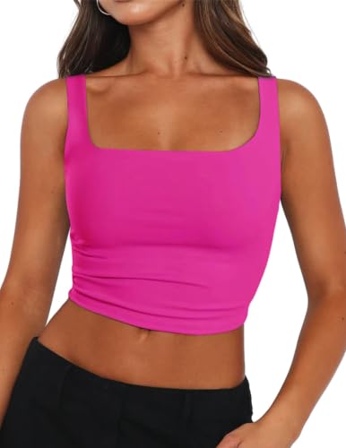 Zeagoo Women's Cute Square Neck Double Lined Casual Sleeveless Cropped Tank Workout Crop Tops Hot Pink - image 1