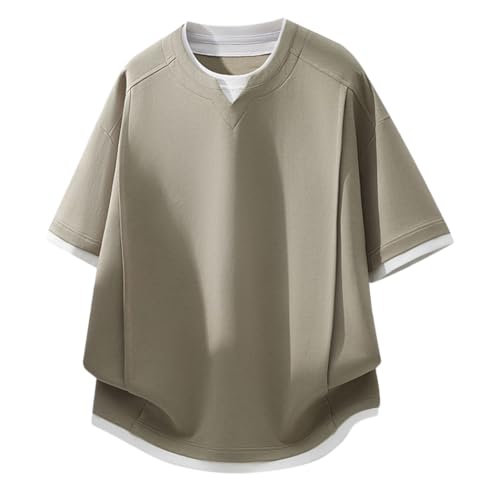 [PenBille] Tシャツ メンズ 夏服 半袖 重ね着風 クルーネック ゆったり シンプル おしゃれ カジュアル 無地 快適 万能 かっこいい 通気性 柔らかい 人気 普段着 春夏対応 Khaki L（Amazon）