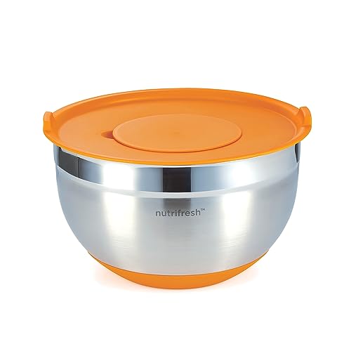 nutrifresh 4.5L Stainless Steel Mixing Bowl with Airtight Lid, Multi-Functional with 3 Attachable Graters