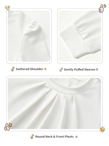 XMWEALTHY Girls White Long Sleeve Shirt Tunic Dressy Tops Pleated Crew Neck Teen Girls Blouses Size 10-12 Tween Clothing