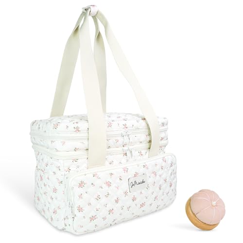 Image of Double Layer Sewing and Craft Supply Organizer w /Customizable Dividers & Removable Pouches - Sewing and Craft Bag w /Pockets & Organizational Compartments -Including Pin Cushion
