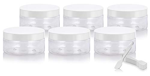 Clear PET Plastic (BPA Free) Refillable Low Profile Jar with White Lid - 8 oz (6 Pack) + Spatulas