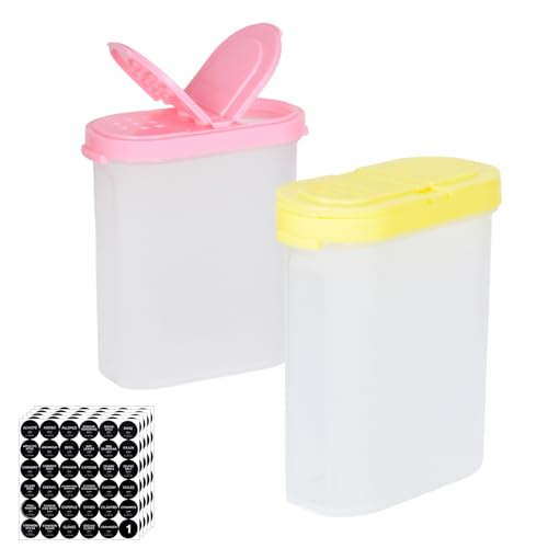 Luxvara Lot de 2 Bocaux à Epices, Pots à Epices Conteneurs, Pots à Épice en Plastique Transparent 250ml, Boîtes Carrées Réutilisables avec 180 Étiquettes, Pour Épice Sel Poudres (Rouge, Jaune)