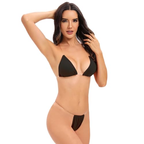 Micro Bikini, Clear Straps, Thong Bikini Set, Sexy Cheeky Brazilian Swimsuit for Women Bathing Suit Black Onesize 2-84