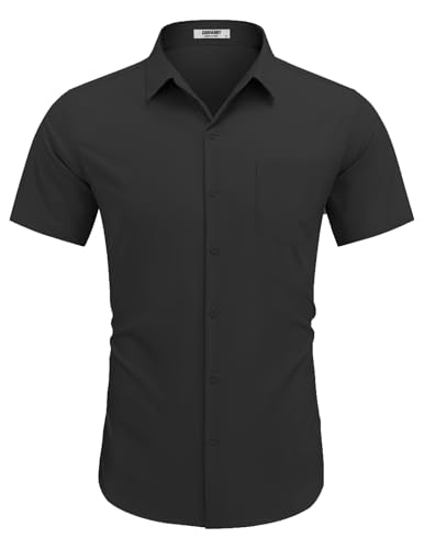COOFANDY Mens Short Sleeve Dress Shirts Business Casual Outings Wrinkle Free Textured Relaxed Fit Button Up Shirts Black XXL 2XL - Image 4