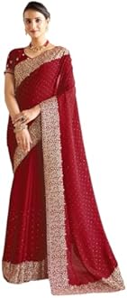 Satrani Women's Vichitra Silk Hot Fixing Embroidery Border Saree with Unstitched Blouse Piece