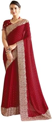 Satrani Women's Vichitra Silk Hot Fixing Embroidery Border Saree with Unstitched Blouse Piece