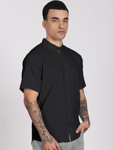 Image of Men's Regular Fit Solid Casual Shirt - Short Sleeve, Mandarin Collar, Lightweight Polyester, Stylish Everyday Wear