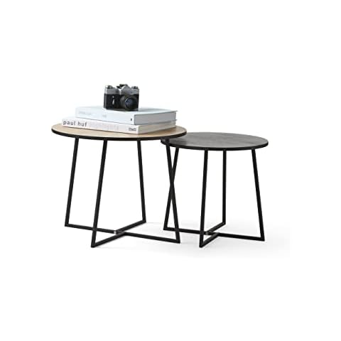 LIFA LIVING Set of 2 Side tables for living room, 2 small tables, wood-coloured and black metal, 2 decorative nesting tables for bedroom, coffee tables modern design Cover
