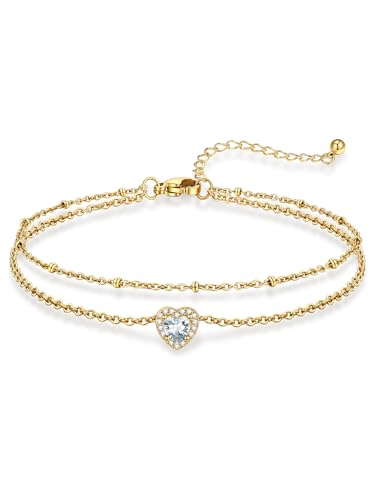 KeyStyle Shimmering Gold Ankle Chains for Women, Stainless Steel Birthstone Heart Jewelry – Waterproof Adjustable 8.5" Fit for Big Ankles, Vacation Cruises & Mother-Daughter Matching Sets