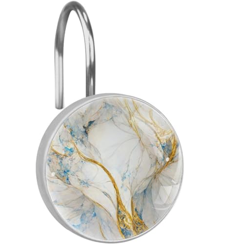 Abstract Luxury Blue Gold White Colors Marble Decorative Shower Curtain Hooks Rings Set of 12 Hooks for Shower Curtain Rustproof Curtain Rings for Bathroom