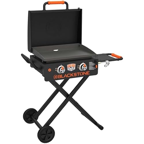 BLACKSTONE 22” On The Go Scissor-Leg Griddle with Two Burners -Stainless Steel Gas Griddle with Hood, Wheels, Side Shelf –Heavy Duty Outdoor Stainless Steel Griddle for Backyard, Patio Camping –1935