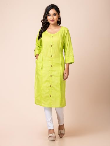 Image of Susmita Gift House Women's Slub Cotton Round Neck 3 /4 Sleeves Front Button Solid Kurti
