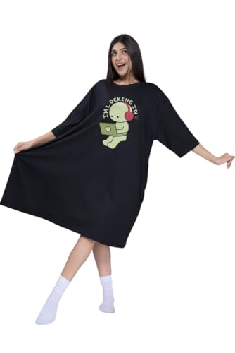 Image of LAMA STORE Women's Printed Oversized T-Shirt Dress, Cotton, 3 /4 Sleeve Length, Casual Loose Fit, Comfort Wear Extra Comfy Oversized Printed Pocket T-Shirt Dress
