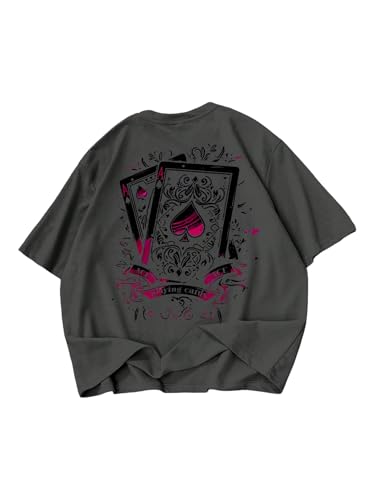VIPWOLF Men's Casual Short Sleeve T Shirts Crew Neck Y2K Floral Letter Print Graphic Tees Streetwear Dark Grey Cards Medium