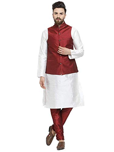Kurta Pyjama Homme Soie Tunique Indienne Blanche Veste Nehru Marron Bordeaux Taille 38