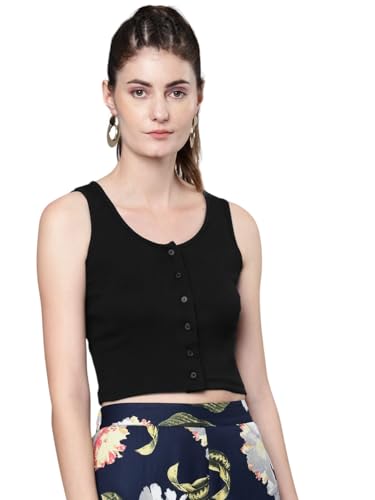 Image of SASSAFRAS Black Front Button Sleeveless Rib Crop Top